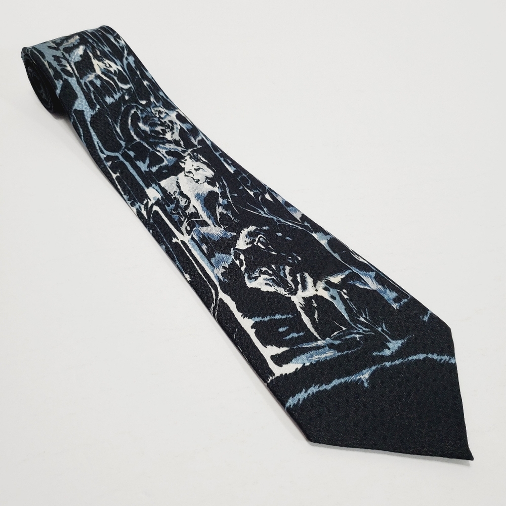 Brother's Handmade Blue & Black Wolf Theme Men's Designer Necktie 56x3.75"